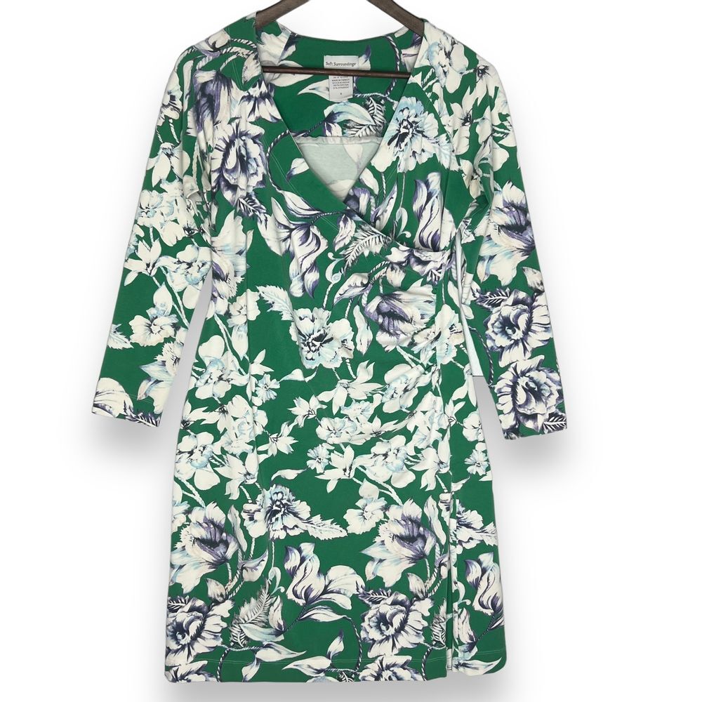 Soft Surroundings Dress Green White Floral Soft Knit Stretch Faux‎ Wrap S FLAWED